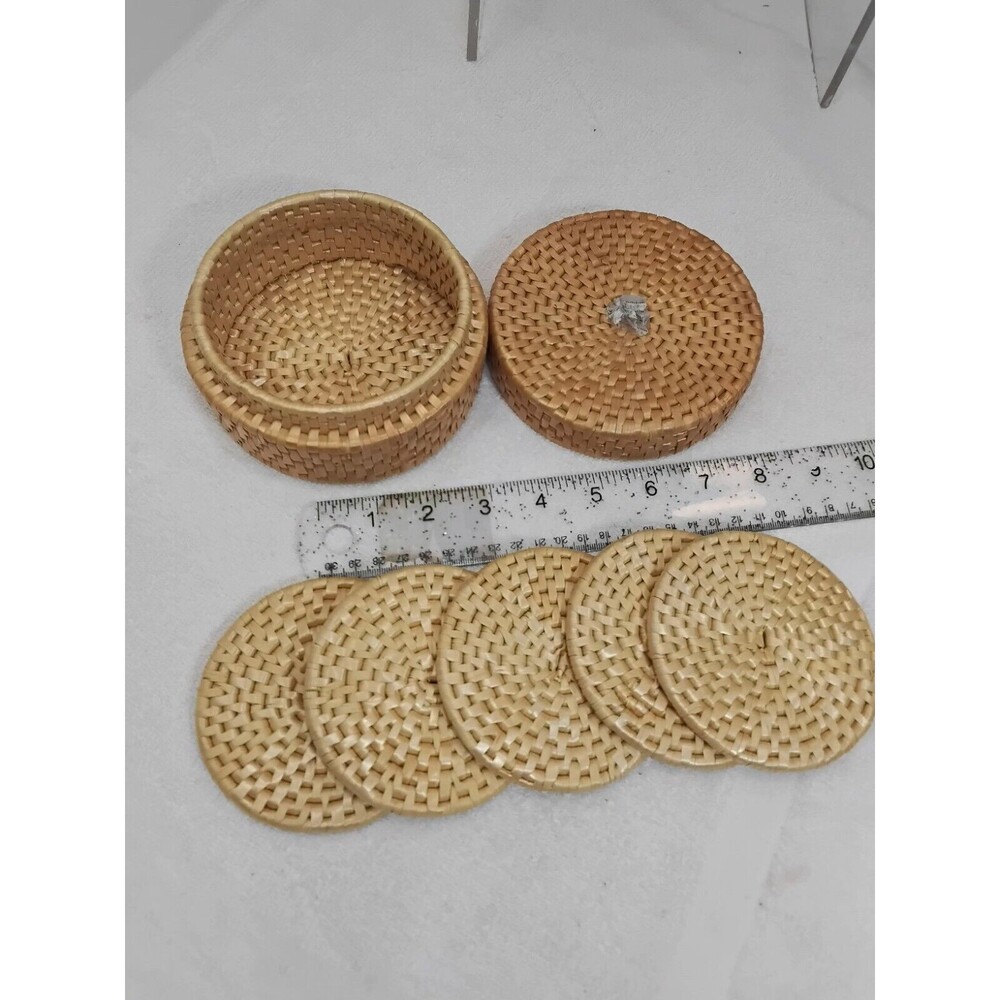 Vintage Woven Straw Ratton Coasters in Matching Box